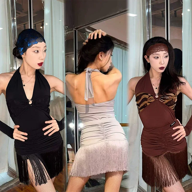 

Waltz Latin Dance Dress Female Performance Clothes Women Sleeveless Bodysuit Tops Tassels Skirt Set Adult Training Dress