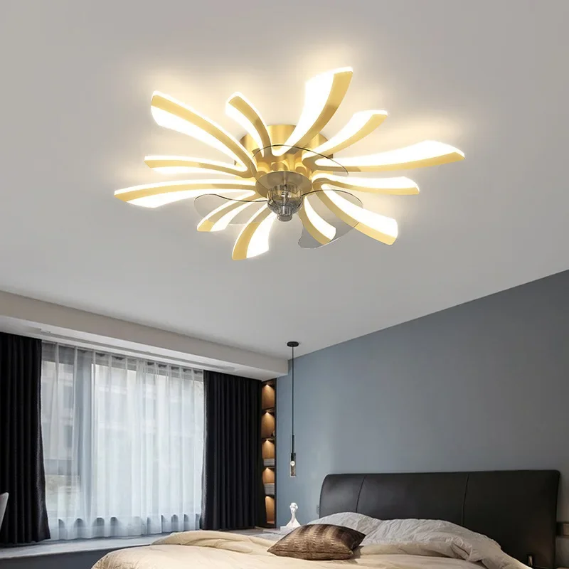 LED intelligent ceiling fan light flower pendant light remote control color dimming living room pendant light home decoration