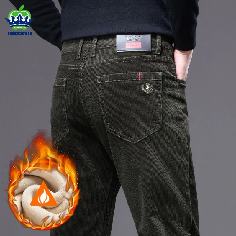 Winter Warm Fleece Army Green Men's Corduroy Pants Thicken Business Small Straight Slim Outdoors Cargo Work Casual Trouser Male