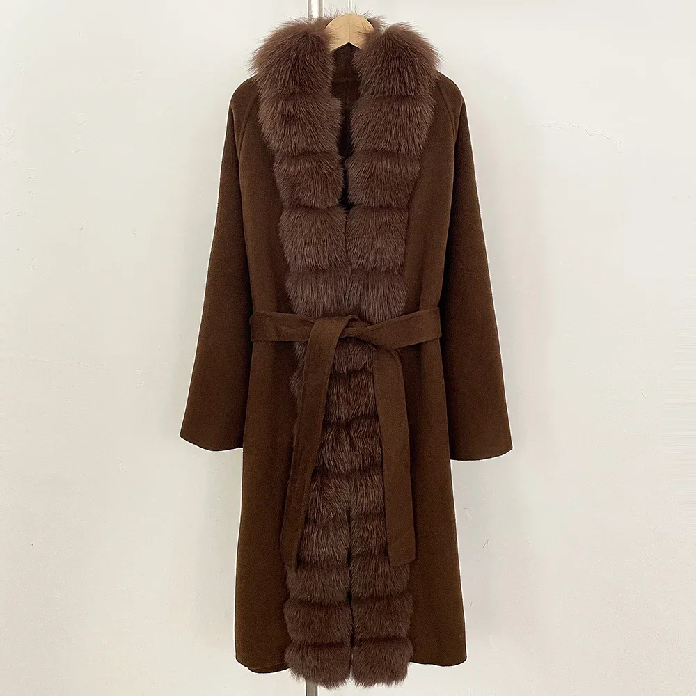 Natural Fox Fur Collar Wool Fur Coat High Quality Women's Long Fur Coat Reality Fur Coat Luxury Women 2025 Woolen Blend Coat