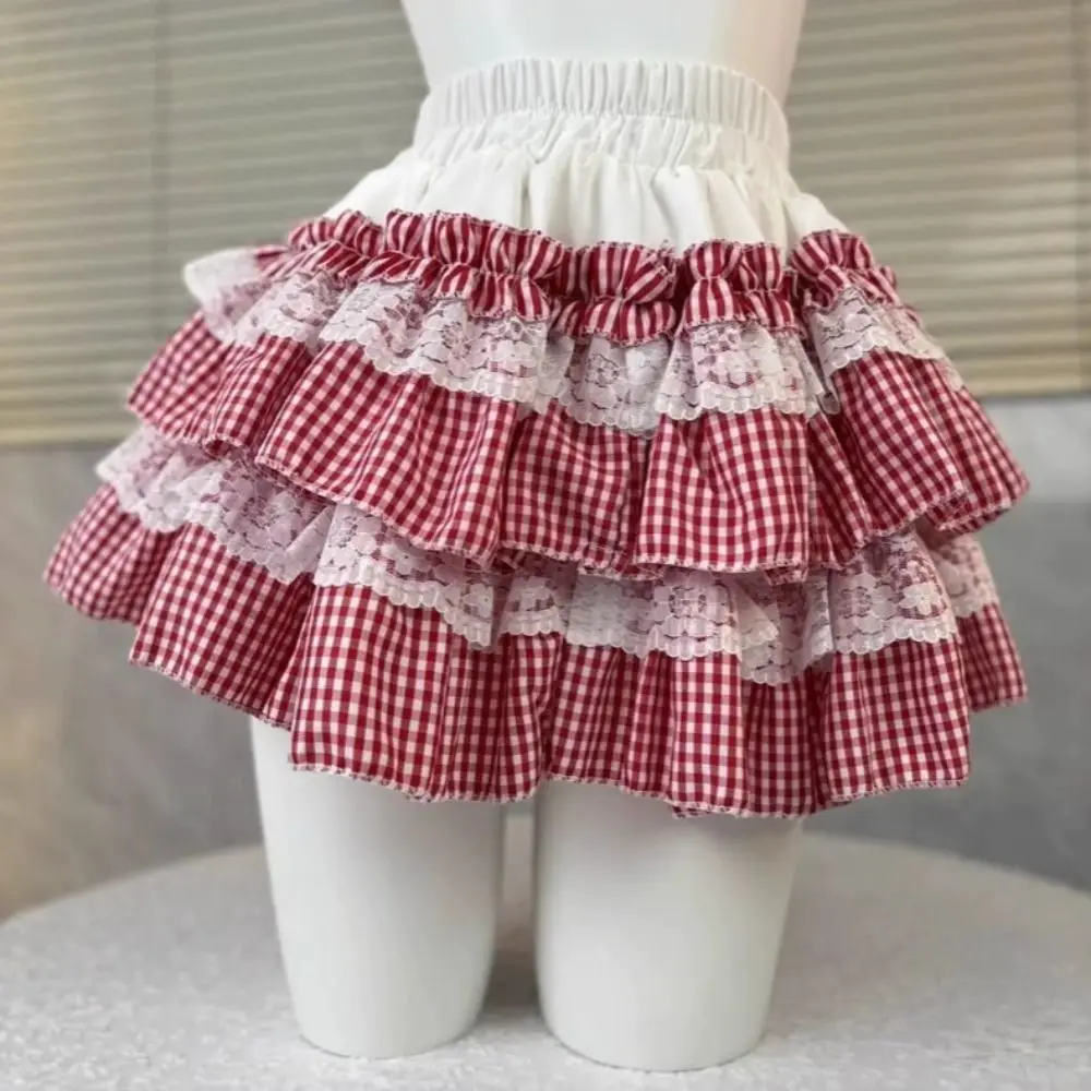 Lolita Lace Grid Cake Skirt Plaid Stripe High Waist JK A-line Short Skirt Sweet with Safety Pants Lace Pleated Mini Skirts Lady