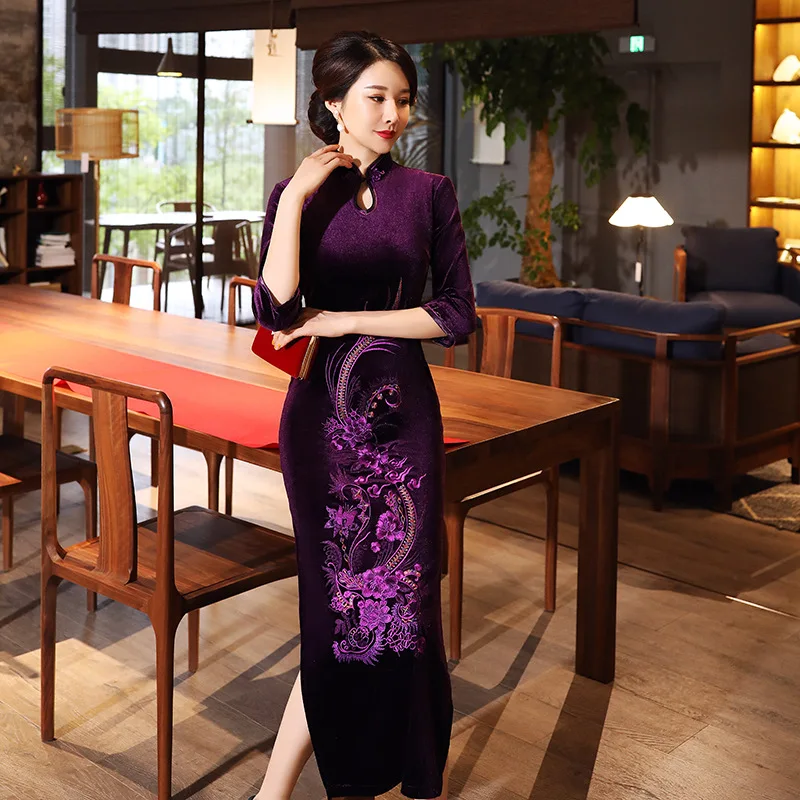 

Новое бархатное платье в стиле ретро с улучшенной вышивкой, большое длинное стильное платье, подиумный костюм, элитный Cheongsam