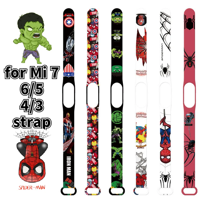 Disney Captain print Xiaomi Strap for Mi Band7/6/5/4/3NFC cartoon figure Hulk iron Man Print Watch Replacement Band kids gifts