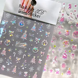 1pcs 5D Embossed Pink Snowflake Christmas Tree Nail Art Stickers Cute Holographic Snowflake Nail Decals Self-Adhesive Xmas Decor