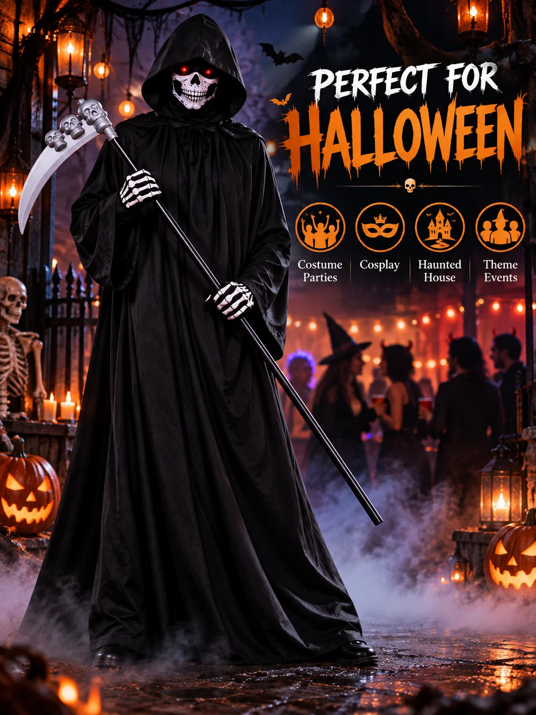 Halloween Grim Reaper Costume Set with Hooded Black Robe, Skull Mask, Skeleton Gloves & Scythe Prop for Adult Cosplay Party