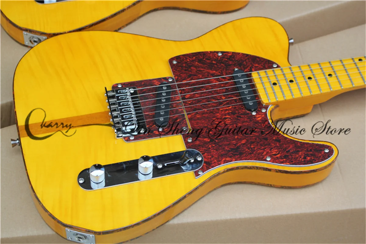 6 strings electric guitar,Tel guitar yellow flamed maple veneer, basswood body,yellow pearl binding,cat head