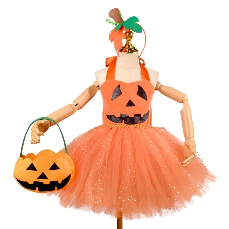 Girls Pumpkin Pattern Tutu Skirt 3Pcs Set Fluffy Tulle Dress Kids Halloween Party Clothes Holiday Stage Performance Outfit