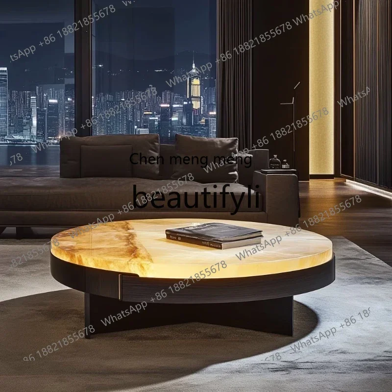 

N178 GLuminous jade luxury stone round coffee table natural marble modern simple style Italian minimalist living room coffee t