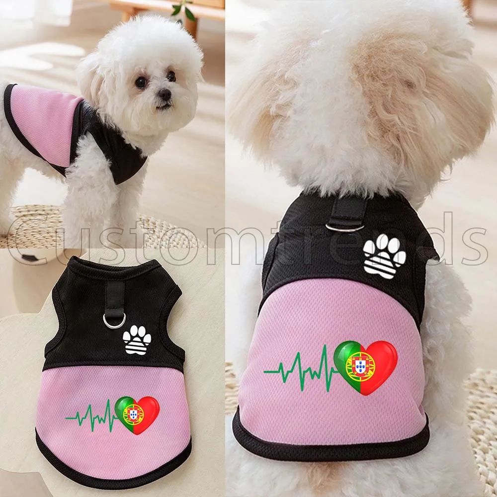 HEARTBEAT PORTUGAL FLAG Mesh Pet Vest for Dogs & Cat Breathable Spring/Summer Harness Shirt Paw Print & Leash D-Ring Pet Clothes