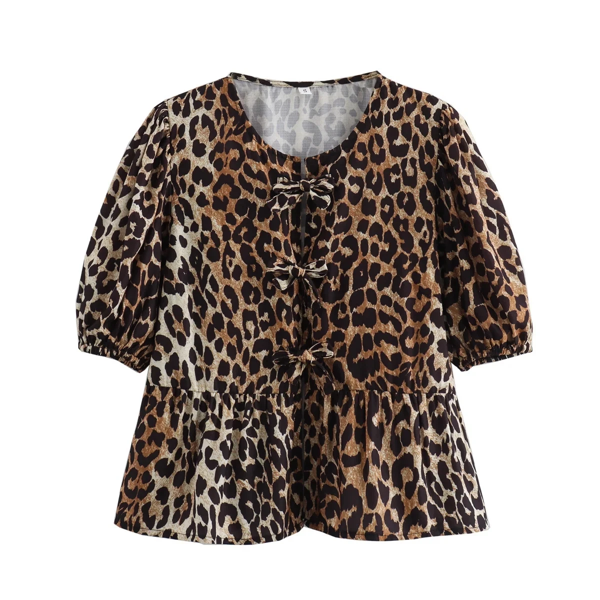 Women Leopard Print Shirt with Lace-Up O-Neck Half Sleeves 2024 Summer Bowknot Cut Out Cropped Blouse T-shirt Vintage Top