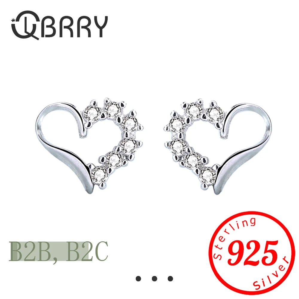 

925 Sterling Silver Asymmetric Inlaid Zircon Heart Stud Earrings for Women Sweet Cute Simple Student Ear Jewelry