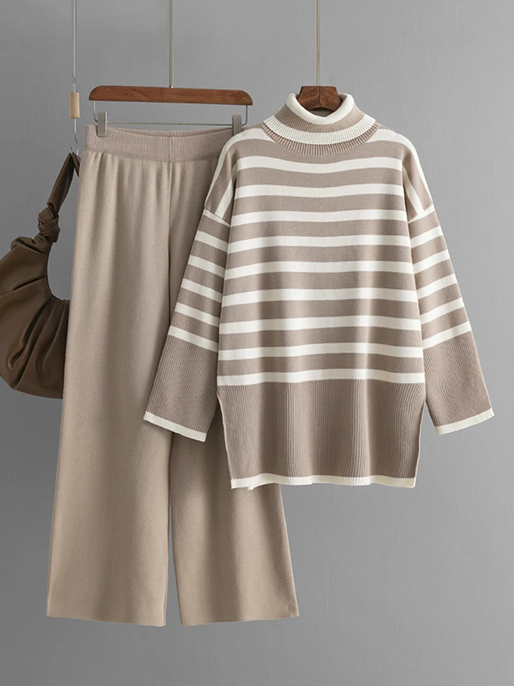 [EAM] Big Size Striped Sweater Wide Leg Pants Two Piece Suit New Turtleneck Long Sleeve Women Fashion Spring Autumn 2025 1DH8170