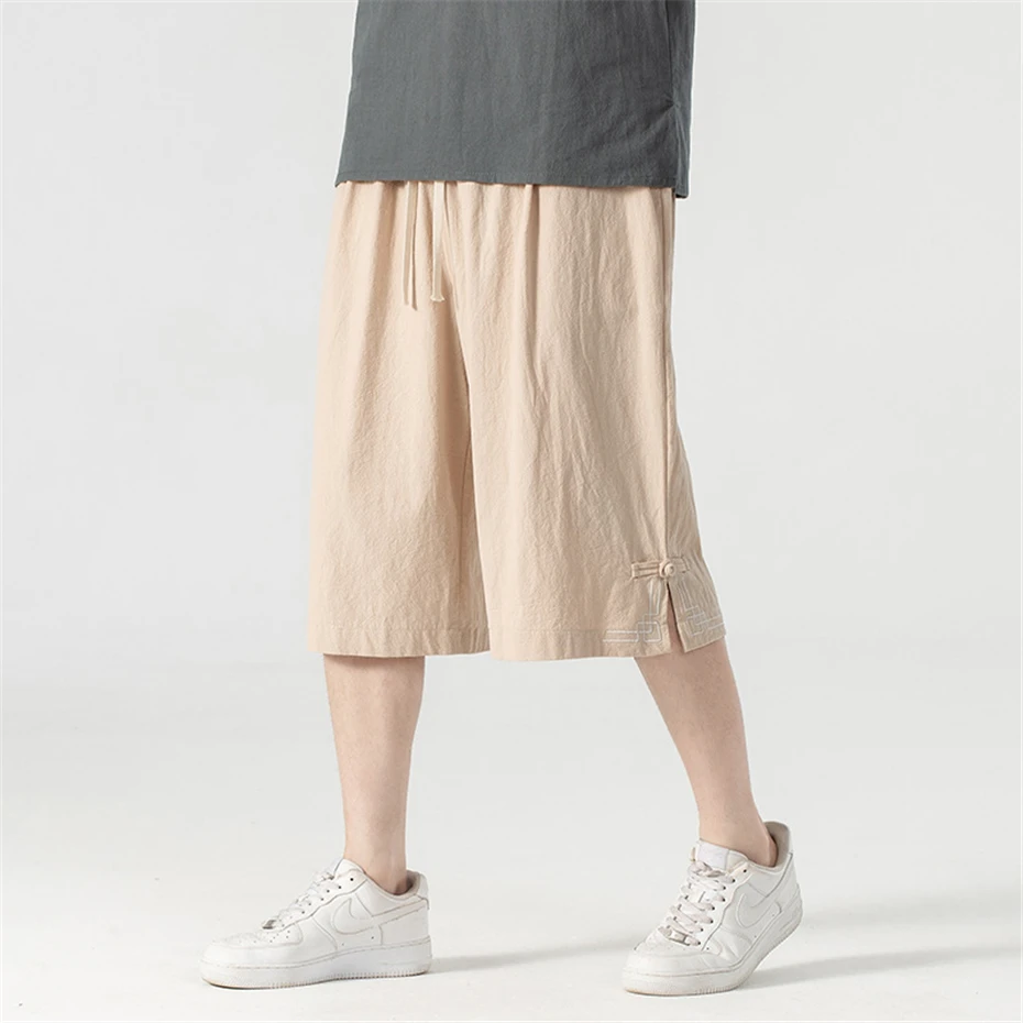 Summer Calf-length Pants Men Loose Linen Pants Plus Size 9XL Summer Short Pants Male Solid Color Bottom Big Size 9XL