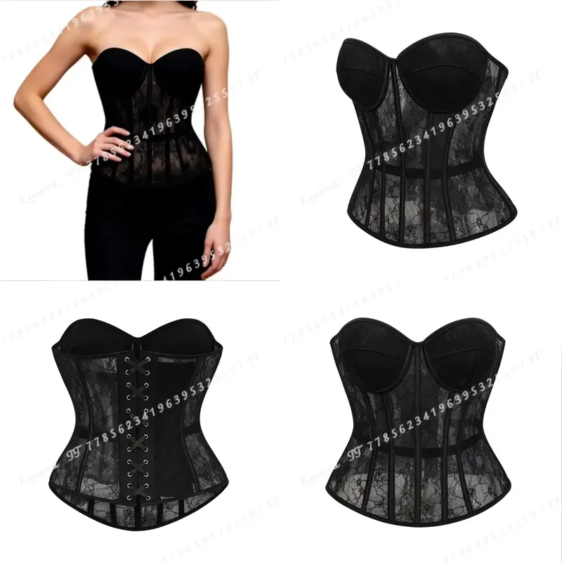 Black See Through Floral Lace Boned Push Up Corset Lingerie Body Shaper Bustier Crop Top Gothic Exotic Women Underwear