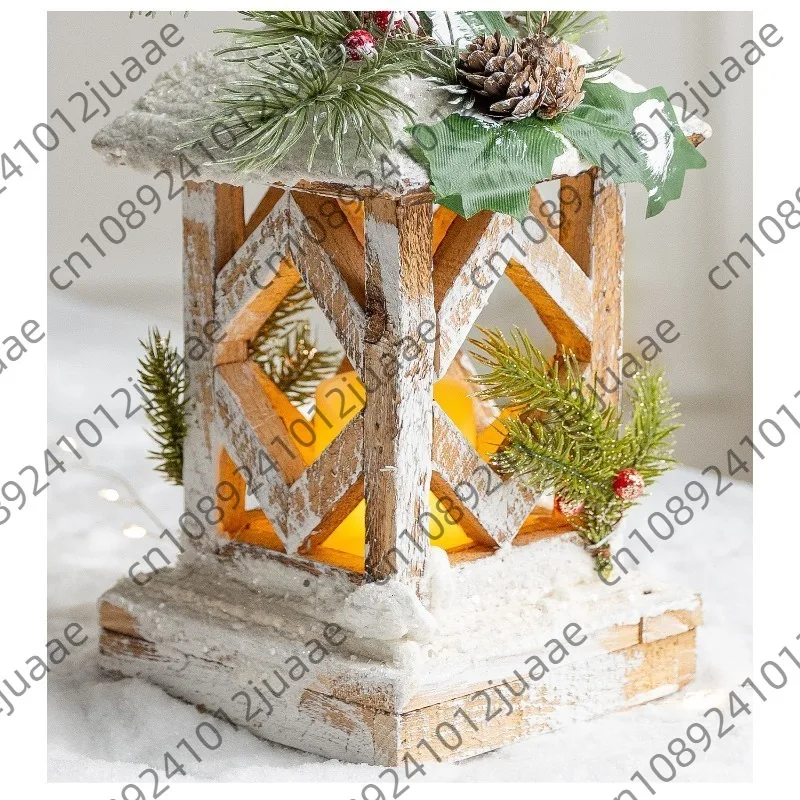 Nordic retro old wooden Christmas wind lantern LED candle lantern, Christmas tabletop ornament window scene decoration