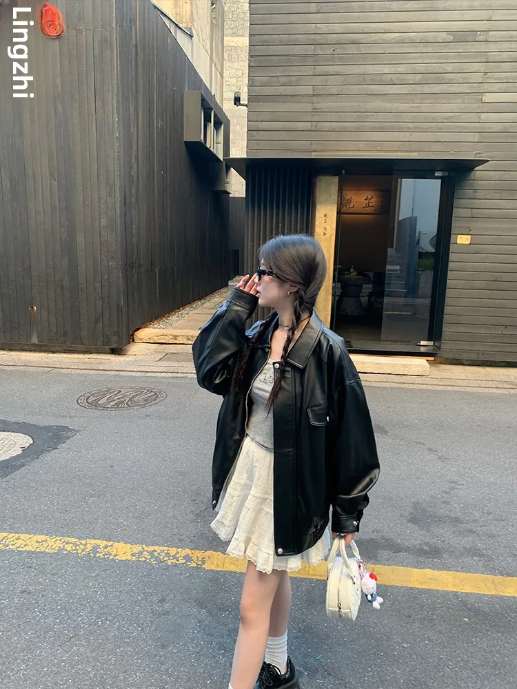 Fall 2025 New Vintage Bla Leather Jaet Women's American Dad Coat Long Sve Zipper Closure Loose Fit Commute Sle