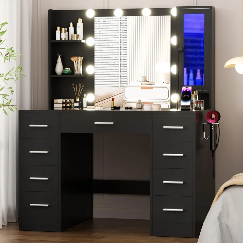 Lujosa tocador de maquillaje de 43 pulgadas con espejo, luces LED y amplio almacenamiento