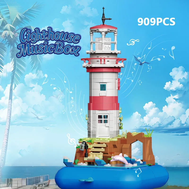 Creative Street View Island Lighthouse Music Box Mini Block Streetscape Building Brick Model Toy Collection With Light For Gift