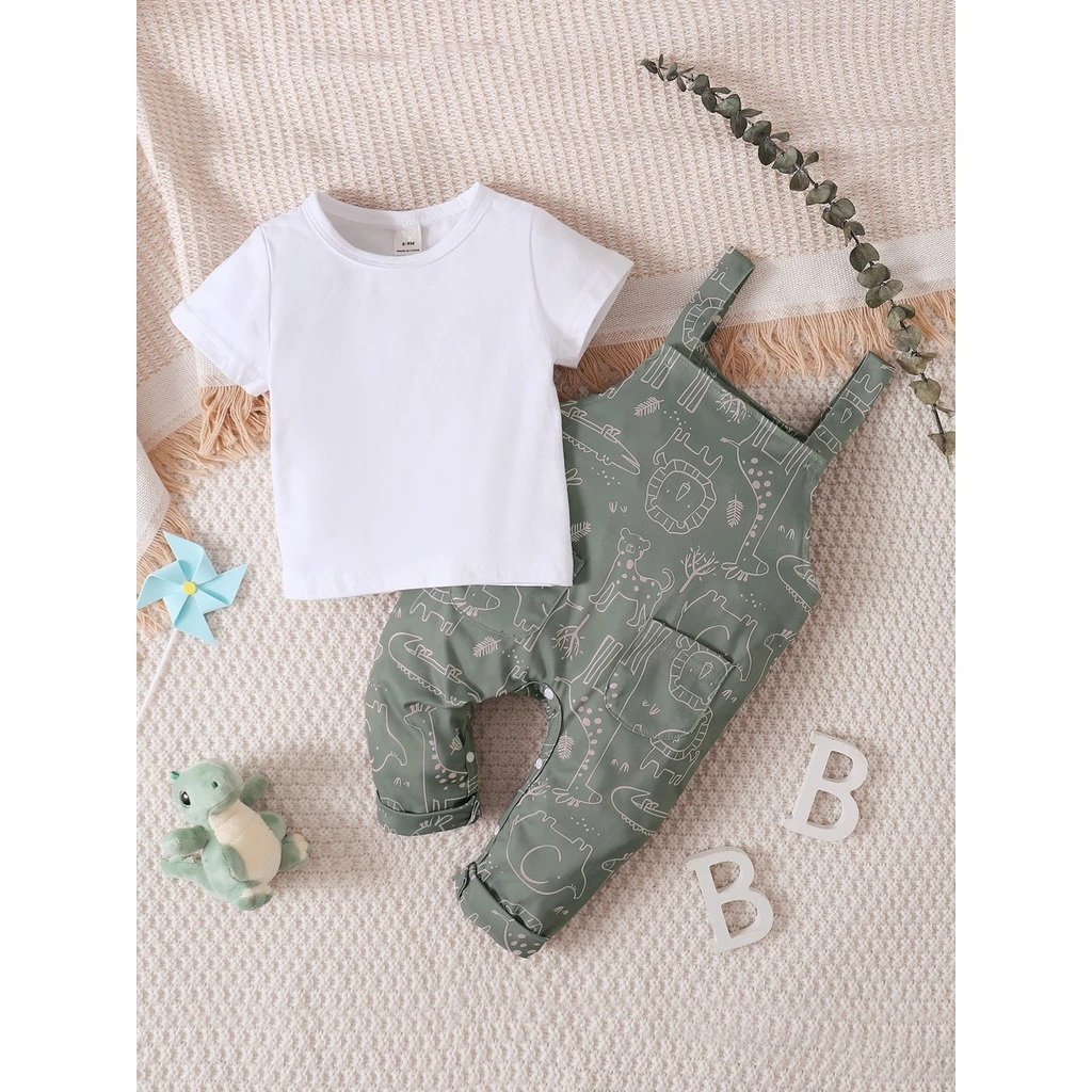 0-3 Years Baby Boy and Girl Cute Strap Pants Clothing Set Short Sleeve Top +Multi Cartoon Pattern Strap Pants for Summer Wear