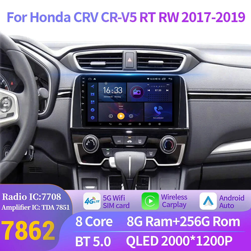 

For Honda CRV CR-V5 RT RW 2017-2019 Car Radio Multimedia Navigation GPS Wireless Android 14 CarPlay 2K QLED Screen Stereo