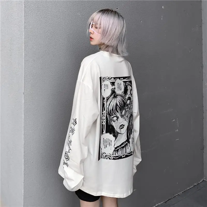 Women's Long Sleeve Top Cartoon Horror Graphic T-shirt Women Goth Tees Japanese Printed T-shirt Punk Graphic Tshirt Emo Clothing