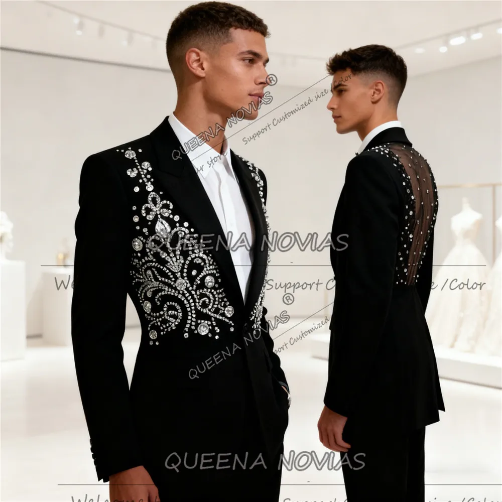 Brilliant Beads Crystals Suits Men For Wedding 2 Pieces Sets Prom Blazer Outfits Cut-Out Back Customized Groom Tuxedos Unique
