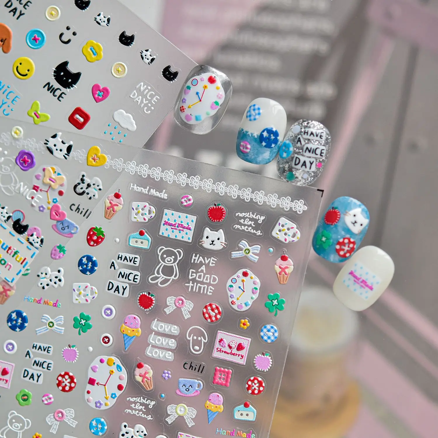 Cute Clock Strawberry Nail Sticker Black Cat Ice Cream Bear Pattern Nail Art Stickers Self Adhesive Nail Stickers DIY Decoration