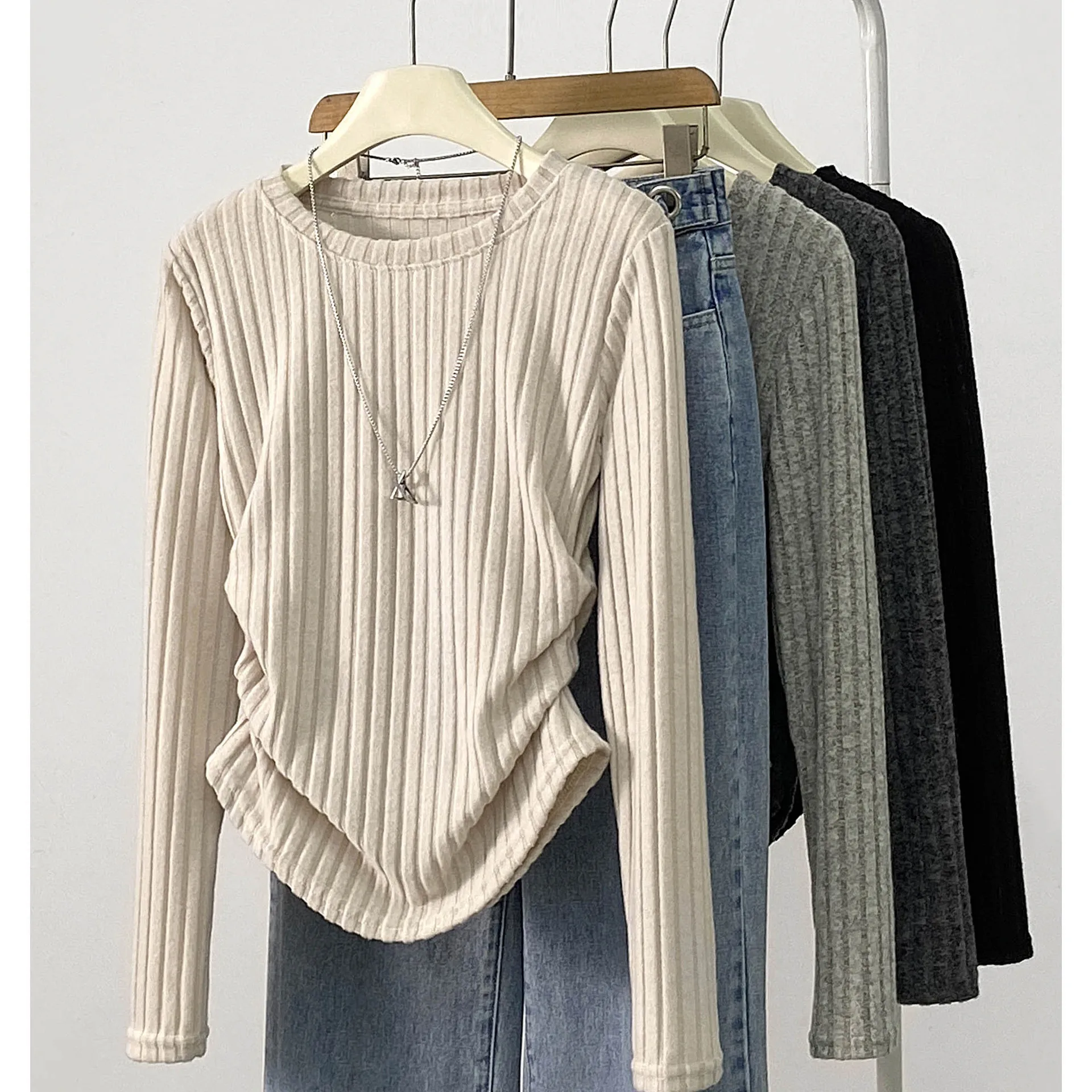 Women T-shirt O-neck Strip Knitted Sweater Long-sleeved Tops Autumn Winter Warm Bottoming Shirts High Strecth Slim T-shirts