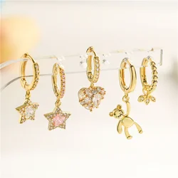 HECHENG,Gold Silver Color Copper Small Hoop Earrings Woman Tiny Star Bear Heart Piercing Earring Unusual Jewelry New Arrival