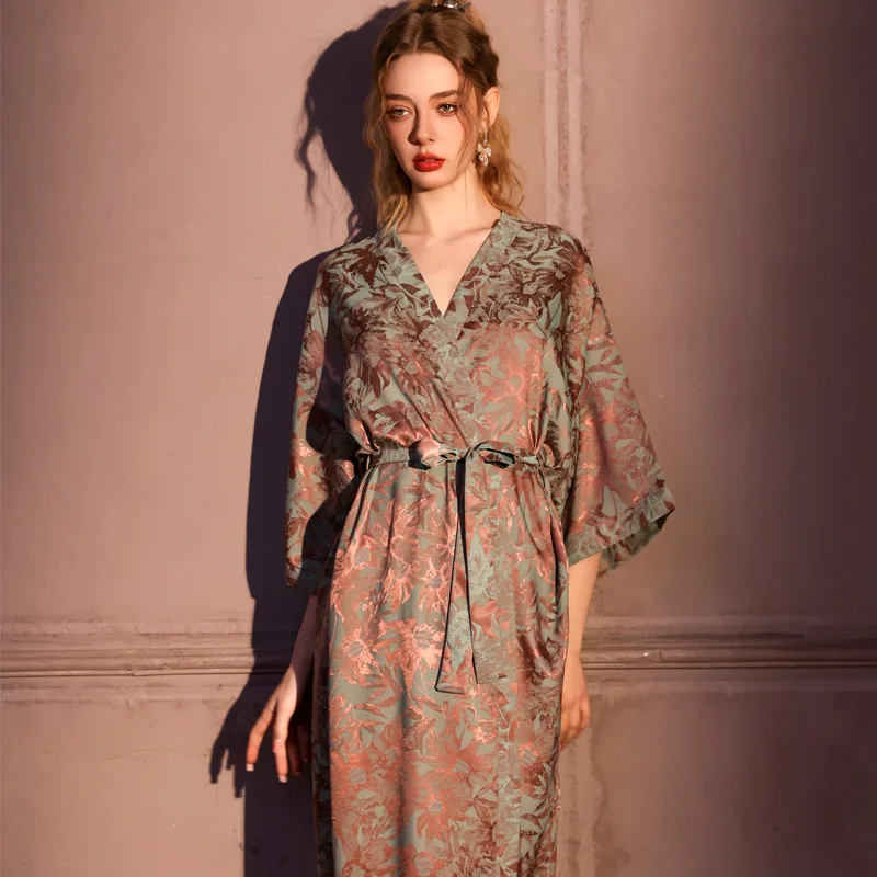 

Jacquard Women's Robe Homewear Sexy Long Kimono Bathrobe Summer Loose Ice Silk Sleepwear Loungewear