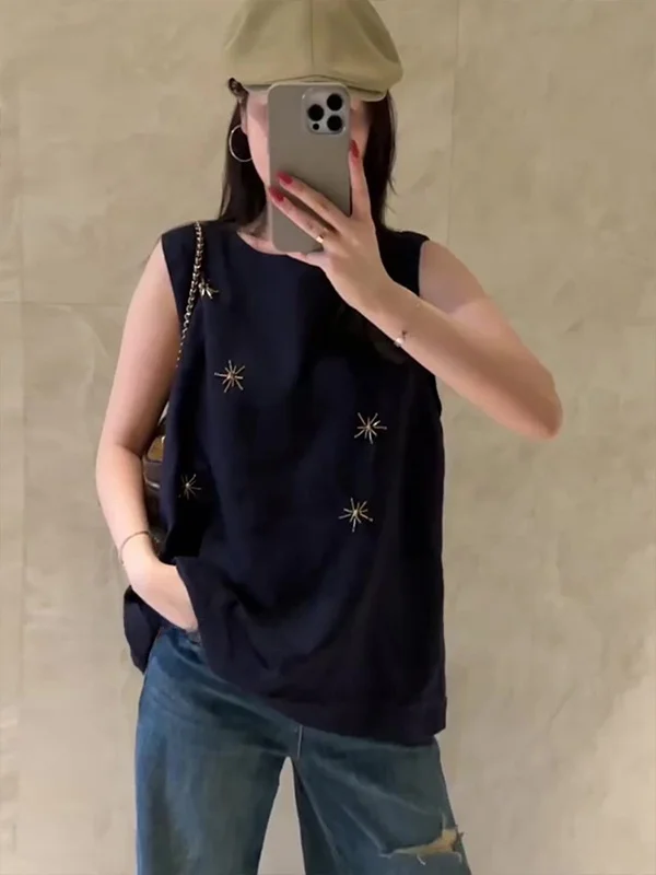 

Льняной жилет с тяжелой вышивкой, свободный крой, круглый, универсальный летний, Новое поступление, женский топ от Qingxi Xing для поездок на работу.