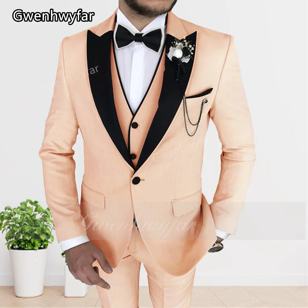 Image 5: Gwenhwyfar 2025 costume jaune pour hommes coupe ajustée simple boutonnage fête formelle de mariage 3 pièces smoking pour hommes (Blazer + pantalon + gilet)