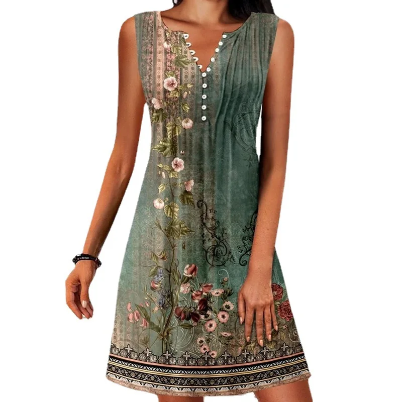 여름 여성용 민소매 버튼 플로럴 프린트 루즈핏 보헤미안 V넥 캐주얼 비치 휴가 미니 원피스