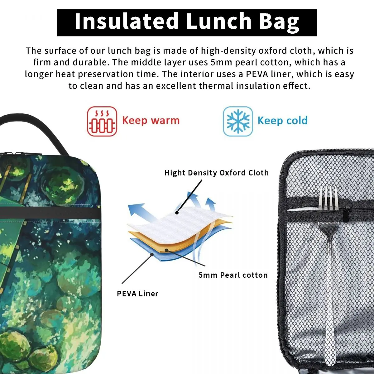 Japan Anime Green Natural Scenery Insulated Lunch Bag for Women Children Portable Food Boxes Thermal Lunch Box Tote