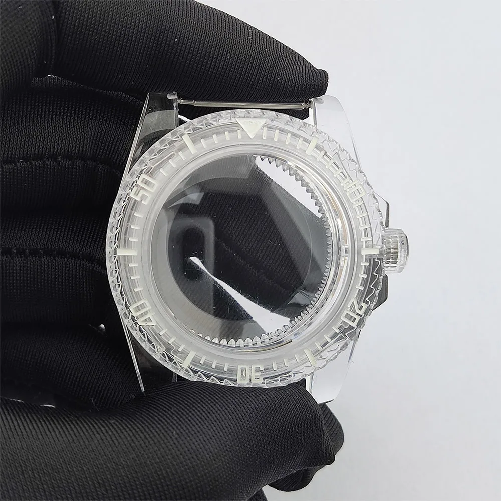 Boîtier de montre Transparent 40mm, ensemble de bracelets de montre 20mm, boîtier en plastique acrylique lumineux vert pour mouvement NH35/NH36/NH34, bracelet en caoutchouc