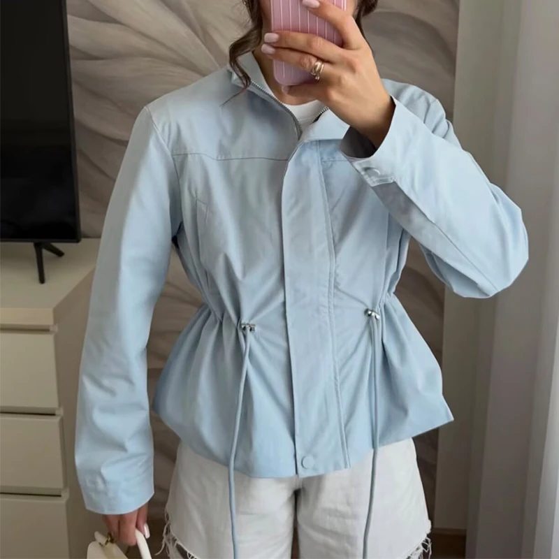 Women's Jacket 2026 New Fashion Long-Sleeve Drawstring Waist Stand-Collar Jacket Elegant Chic Personality Autumn Ladies Coat