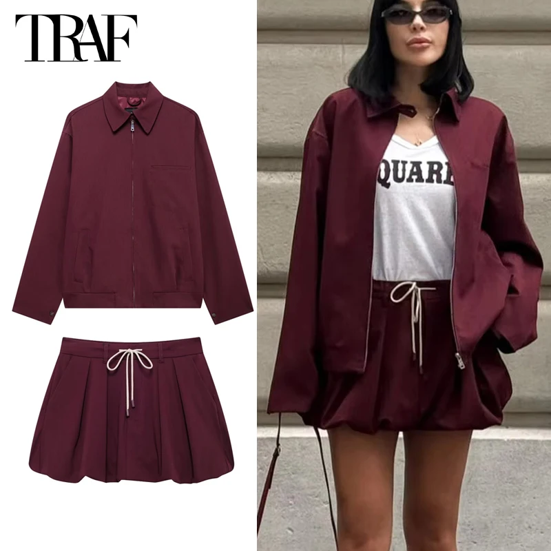 TRAF 2024 Balloon Skirt Sets for Women 2 Pieces Mini Skirt Women's Suits Two Pieces Set Long Sleeve Zipper Jacket Woman Outfit