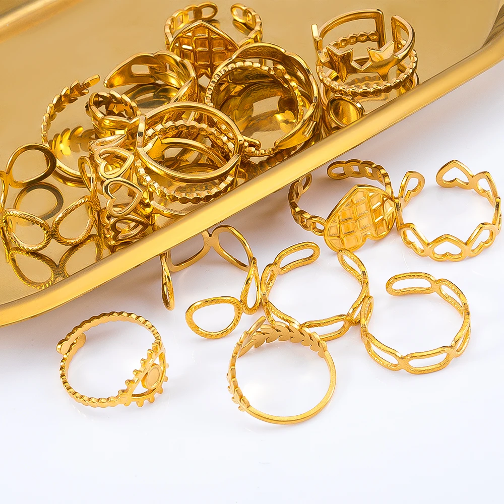 2pcs Vintage Palace Style Gold color Stainless Steel Adjustable Open-End Rings with Carved Patterns for DIY  Jewelry Accessories