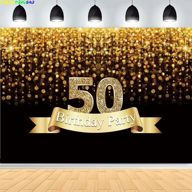 

50th Birthday Party Photography Backdrops Photocall 50 Years Man Women Banner Stars Black Gold Photo Background XC-01
