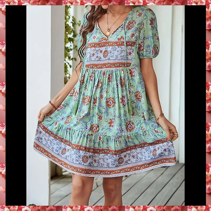 ผู้หญิงสบายๆ-ชุดฤดูร้อน Boho V คอแขนสั้น Babydoll พิมพ์ลายดอกไม้ Flowy Beach Dress