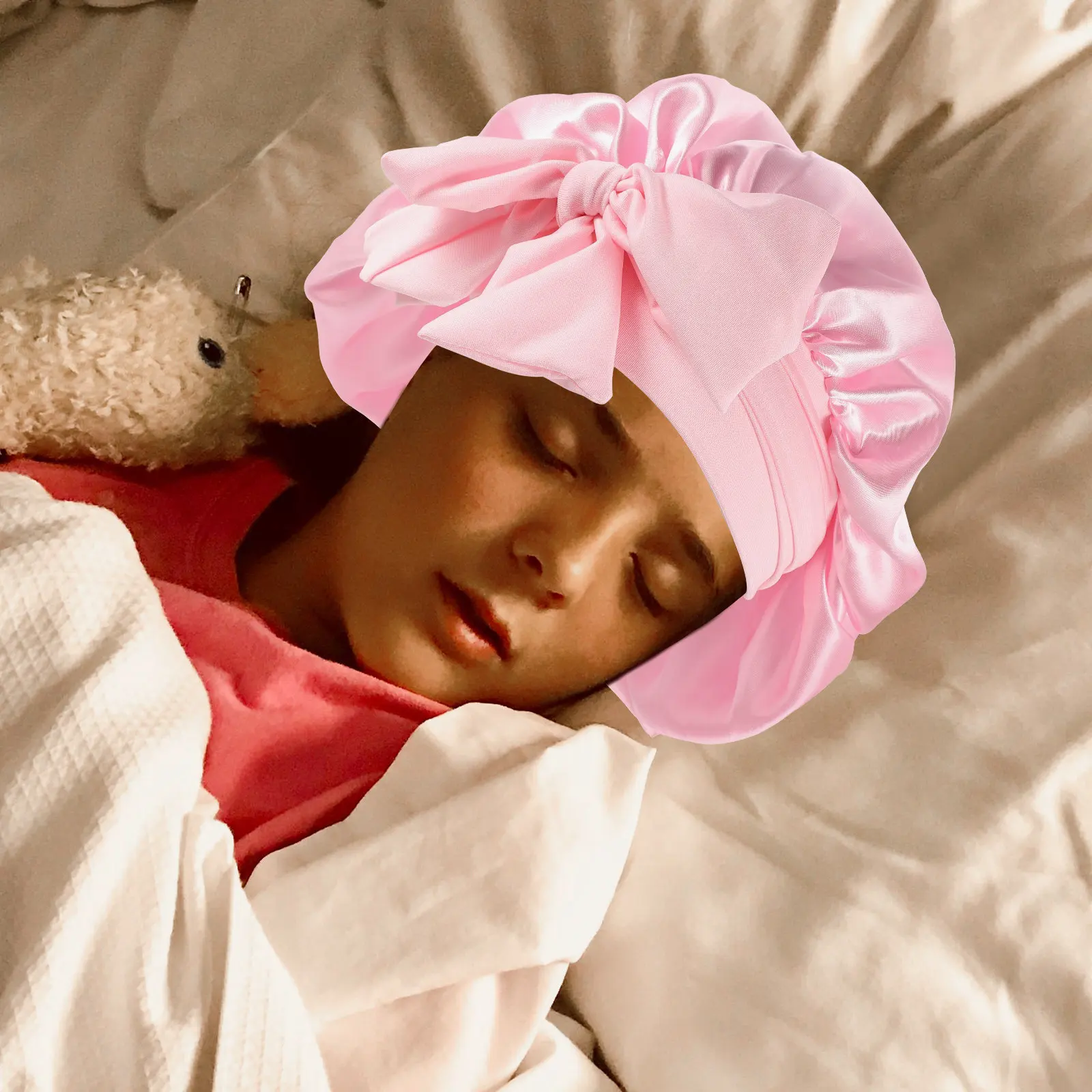 Premium Satin Sleeping Bonnet with Tie Band for Women Soft Hair Protection for Long Short Hair Wash Face Makeup Salon