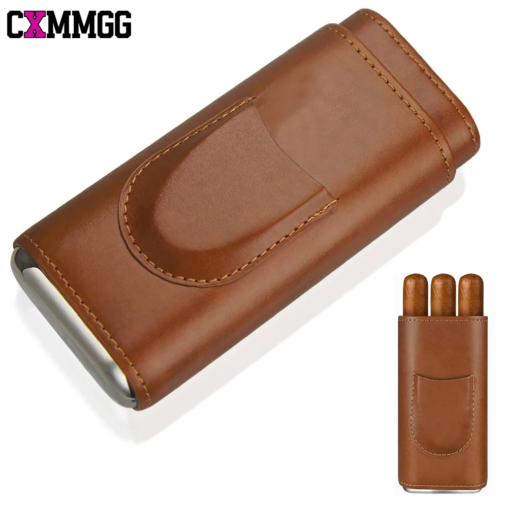 1PCS Classic Black/Brown Leather 3 Fingers Cigar Case with Cedar Wood Lining, Jacket Pocket Suitable Travel Cigar Humidor