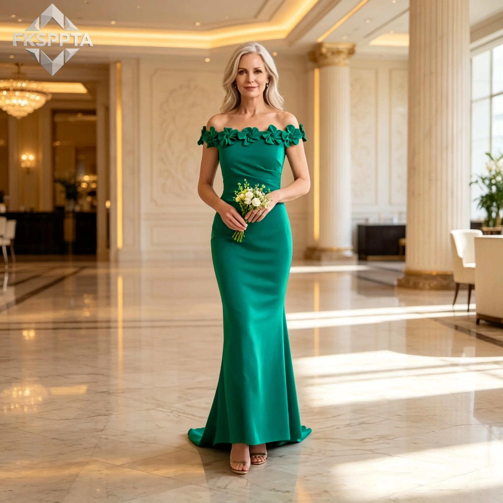 Long Green Mermaid Bridesmaid Dresses With Flowers Off The Shouler Lace Up Back Satin Wedding Guest Party Gowns Vestido De Festa