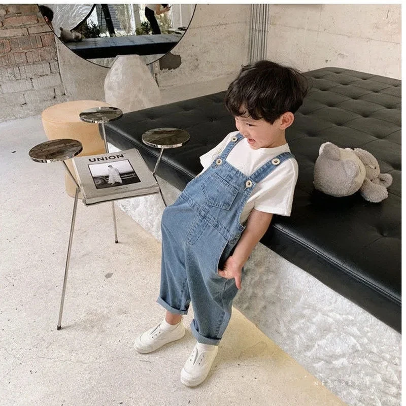 Spring Autumn Baby Overalls Solid Color All-match Children\'s Denim Overalls Casual Loose Jeans Boys Girls Denim Overalls