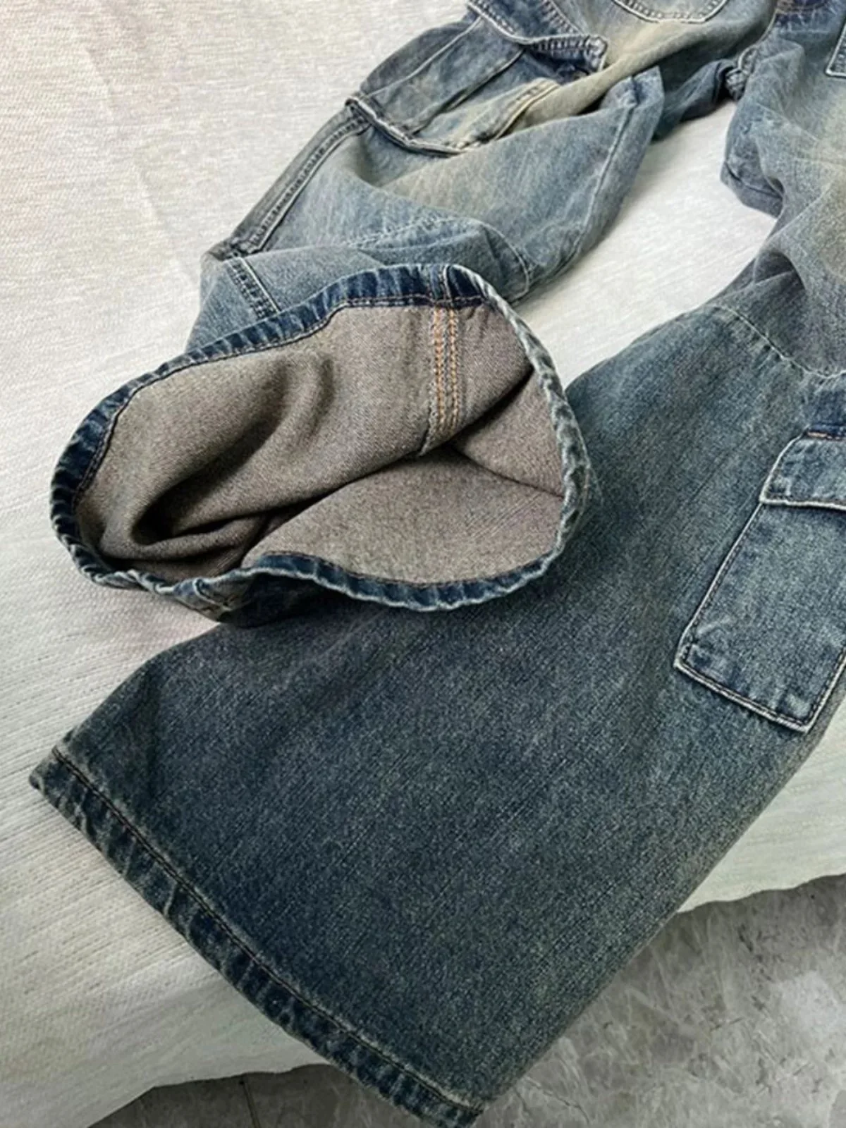 Jeans cargo vintage americani Pantaloni svasati con tasche grandi a vita alta da donna Cintura sfilacciata Streetwear Pantaloni in denim Harajuku Y2K