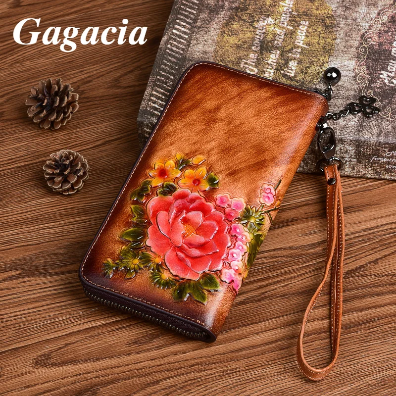 

GAGACIA Chinese Style Long Zipper Wallet Retro Women Purse Genuine Leather 2024 New Card Holder Handmade Embossed Clutch Bags