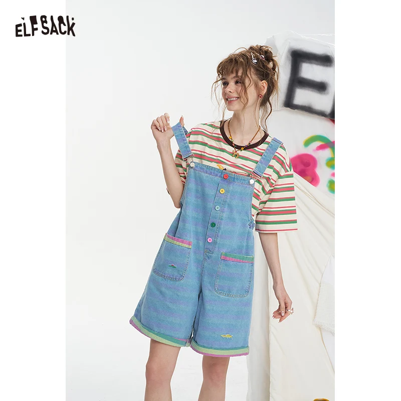 

ELFSACK Playful Colorful Button Denim Overall Shorts, Adjustable Strap Pocket Short Overalls,Cute Loose Bottoms for Women