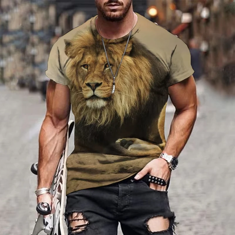 Men's T-shirts Animal Lion Printed Short Sleeve Crew Neck Pullover Streetwear Outdoor Sportshirt Loose Top Tee Male Men Clothing