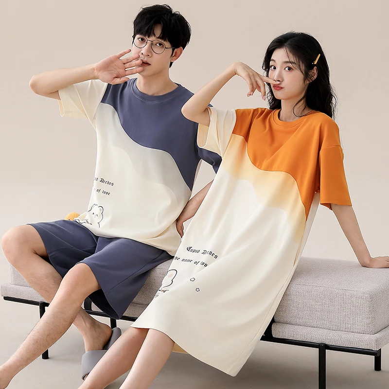 Summer Couple Pajama Set Cute Cartoon Pyjamas Men Short Sleeve Pijamas Women Nightgown