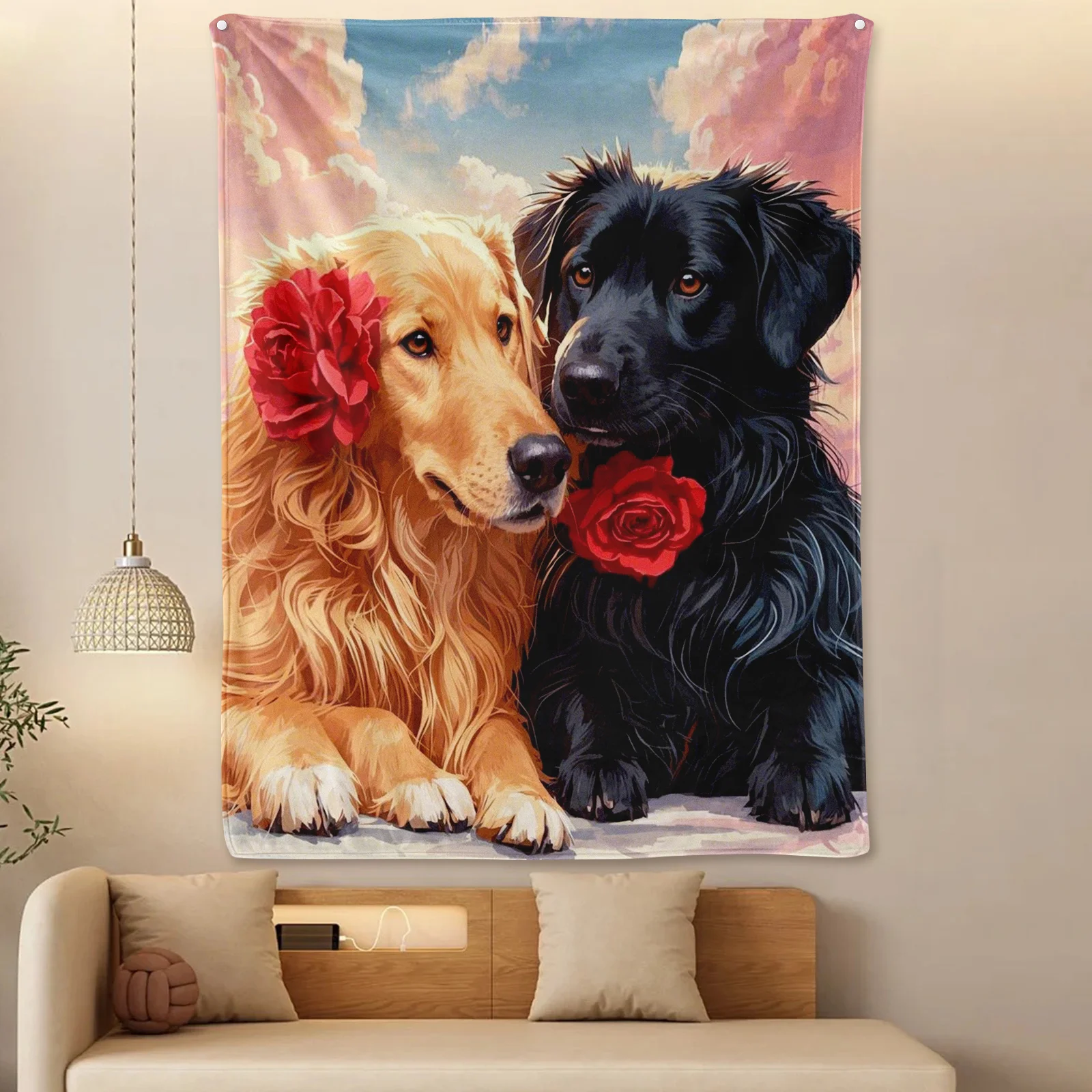 Adorable Dog Flower Pink Sky Couples Blanket Romantic Plaid Throw For Cozy Home Decor Gift Idea Warm Elegant Design For Two